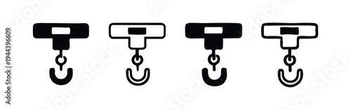 Industrial Crane Hook Icon Set. Hoist and Lifting Equipment Symbols. Heavy Machinery and Construction Tools.