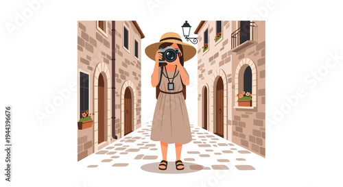 A female tourist wearing a hat and beige dress stands centered in a narrow cobblestone street, holding a camera to her face.