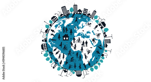 A stylized blue globe is covered with black silhouettes of diverse people, buildings, and streetlights against a clean white background.
