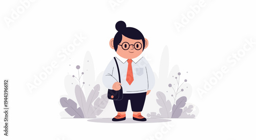 A cartoon person with a bun, glasses, and a satchel, stands among decorative plants