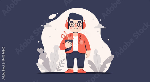 Cheerful person with headphones and a container of art supplies