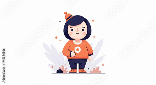 A cheerful cartoon child with dark hair and an orange hat and sweater stands against a minimalist background with abstract floral elements