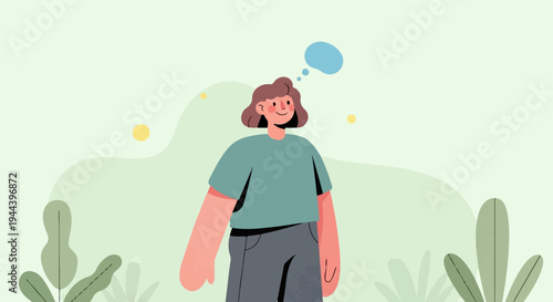 A person with a thought bubble stands amidst a gentle green landscape
