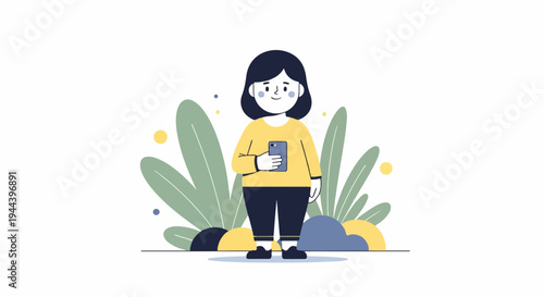 Cheerful character holding smartphone, surrounded by stylized foliage