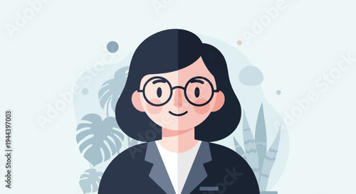 Stylized portrait of a smiling woman with glasses and a suit, in front of abstract plant shapes