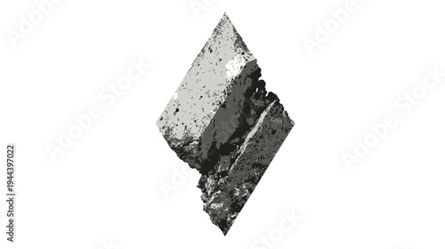 A grayscale, diamond-shaped illustration featuring textured, geometric segments