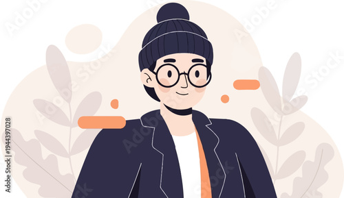 A smiling person wearing glasses and a beanie, with a jacket, against a soft background