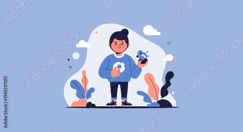 A whimsical illustration of a child holding a collection of abstract shapes