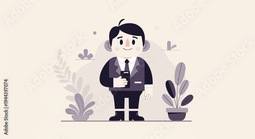 A smiling figure in a suit holds a phone amidst stylized plants and abstract shapes