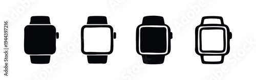 Smartwatch Device Vector Icon Set. Wearable Technology and Digital Watch Symbols in Solid and Outline Styles.
