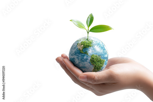 A single hand delicately holding a miniature Earth globe from which a vibrant green plant sprout emerges, symbolizing new growth.