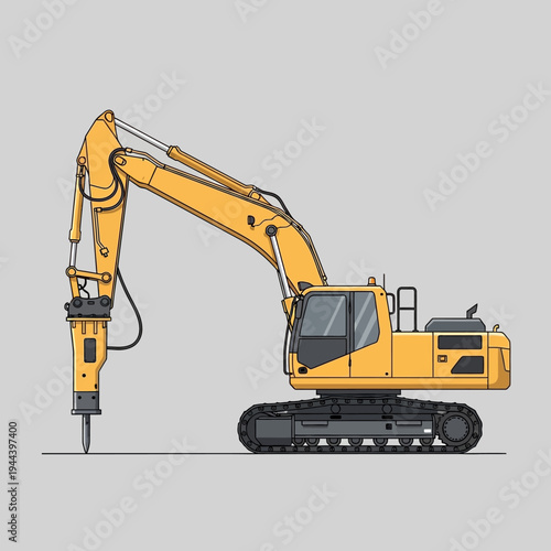 Yellow excavator with hydraulic breaker attachment on grey background