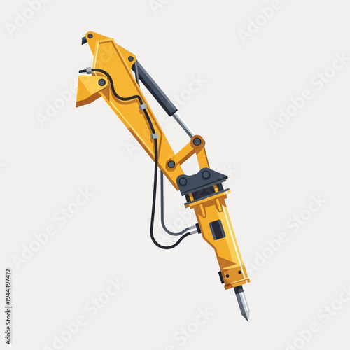 Yellow hydraulic breaker attachment for excavator, construction equipment, heavy machinery, demolition tool