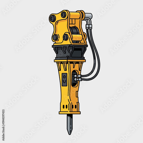 Yellow hydraulic breaker attachment for excavator, heavy construction equipment, concrete demolition tool