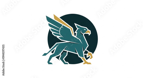 A majestic griffin logo featuring a stylized mythical creature in teal and gold against a dark circular background. This modern vector illustration combines the strength of a lion.