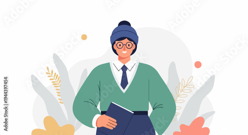 Person in winter attire holding a book amidst abstract foliage and dots