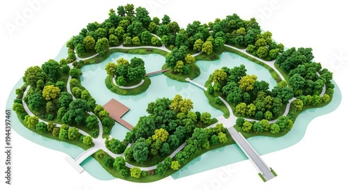Isometric Park Map Illustration with Lake, Trees and Walking Paths for Landscape Design Plan