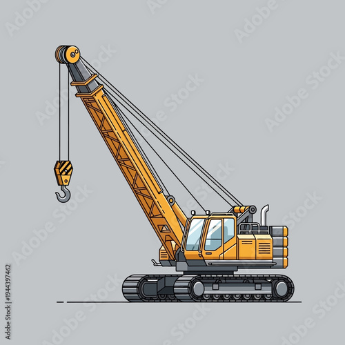 Yellow crawler crane lifting hook on construction site, heavy machinery, industrial equipment