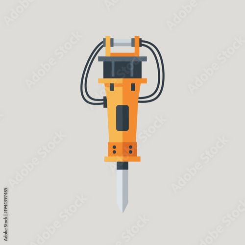 Yellow jackhammer, construction tool, heavy equipment, industrial machinery, flat design