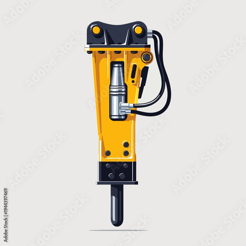 Yellow hydraulic breaker hammer for excavator, construction equipment, heavy machinery, tool