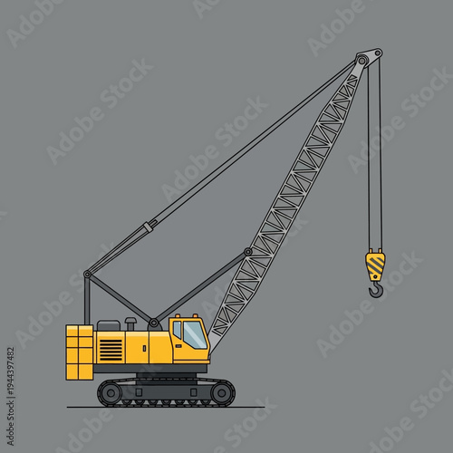 Yellow crawler crane lifting hook on construction site, industrial machinery