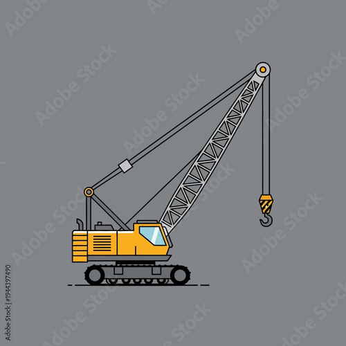 Yellow crawler crane lifting hook on construction site, industrial machinery illustration