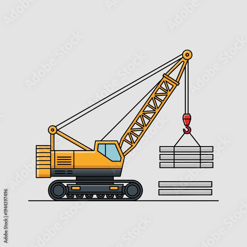 Yellow crawler crane lifting metal beams at construction site, industrial equipment illustration