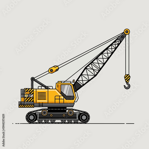 Yellow crawler crane with hook and cables on a light gray background