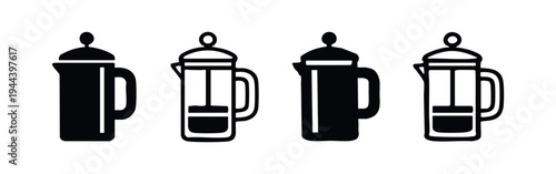 French Press Coffee Maker Icon Set. Black Silhouette and Outline Glyph Style Vector Icons.