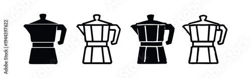 Moka Pot Italian Espresso Coffee Maker Icon Set. Black Silhouette and Outline Glyph Style Vector Icons.
