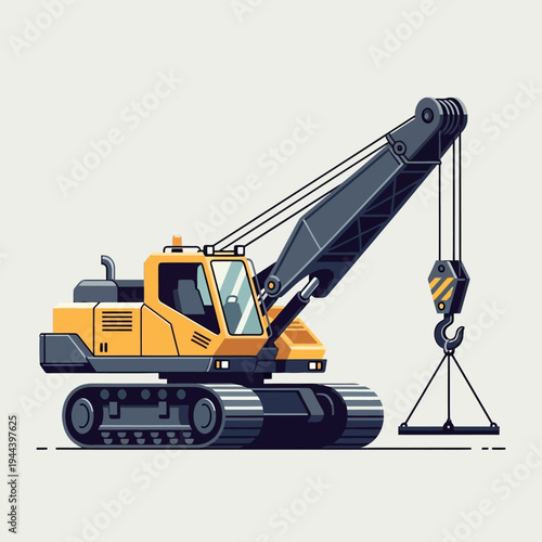 Yellow crawler crane with hook and load lifting equipment on a light background