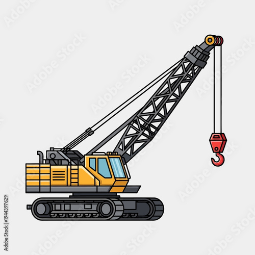 Yellow crawler crane with hook on construction site, heavy machinery, industrial equipment