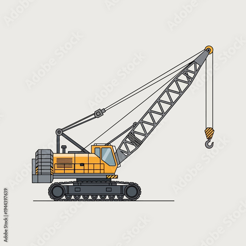 Yellow crawler crane with hook on construction site, industrial machinery, heavy equipment