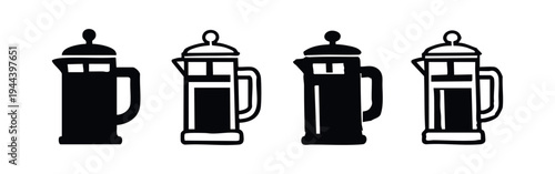 French Press Coffee Brewing Pot Icon Collection. Solid and Outline Style Black Vector Illustrations.