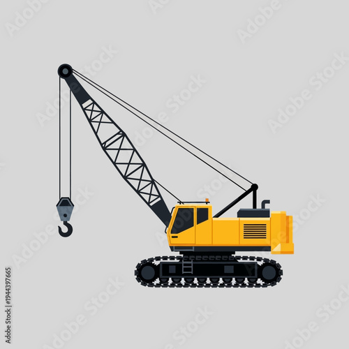 Yellow crawler crane with hook on gray background, construction equipment, industrial machinery