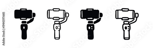 Smartphone Gimbal Stabilizer Icon Set. Mobile Phone Video Recording Device Black Vector Icons.