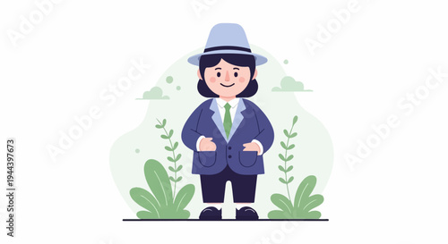 Flat illustration of a smiling person in a suit and hat, with plants