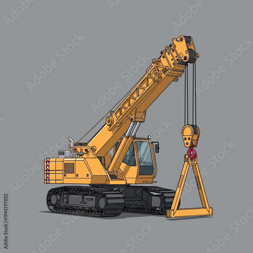 Yellow crawler crane with hook and lifting frame on gray background