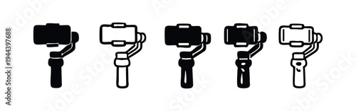 Mobile Phone Gimbal Stabilizer Icon Set. Video Camera Accessory Black Silhouette and Outline Vectors.
