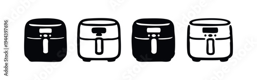 Air Fryer Kitchen Appliance Icon Set. Black Silhouette and Outline Cooking Device Vector Icons.