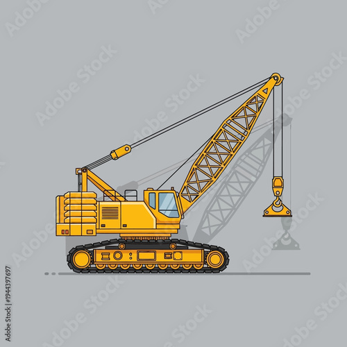 Yellow crawler crane with hook, construction equipment, heavy machinery, industrial vehicle, vector illustration