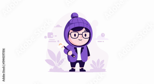 A cute cartoon character in purple winter attire, holding a marshmallow on a stick
