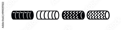 Collection of four abstract tire or corrugated tube icons in black and white, industrial design.