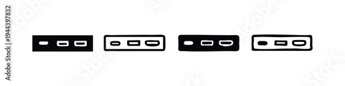 Collection of four retro audio cassette tape icons in different styles, music and sound.