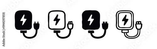 Four different styles of mobile phone charger icons with lightning bolt symbol, power and energy.