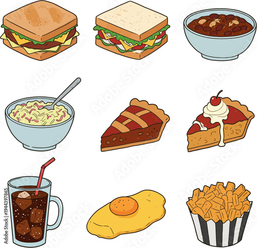 Various american diner food items arranged in a grid layout