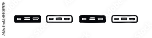 Stylized set of four classic audio cassette icons with varying designs, vintage media.