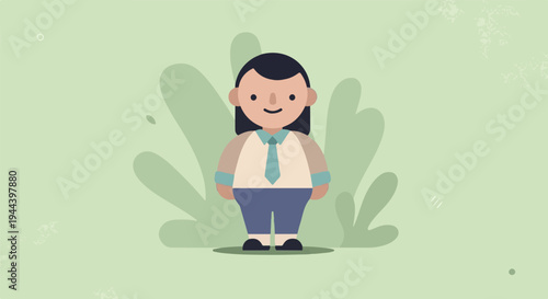 Flat illustration of a person in a shirt and tie, standing amidst abstract green foliage