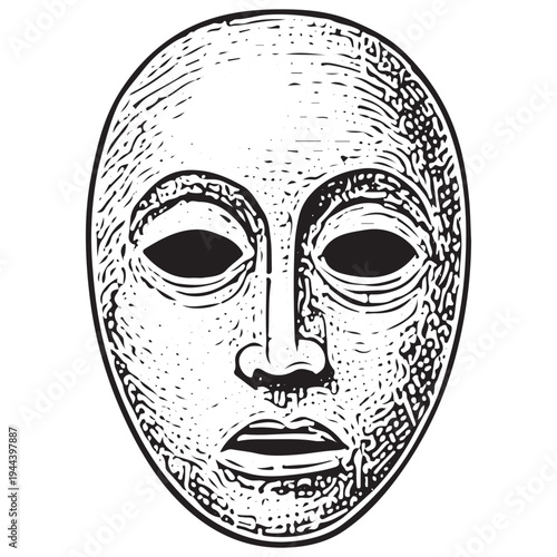 Vintage Primitive Tribal Mask Illustration Ancient Ethnic Ritual Mask Engraved Cultural Artifact