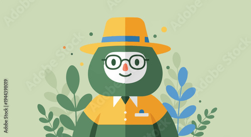 Friendly cartoon character in a hat and glasses, surrounded by foliage